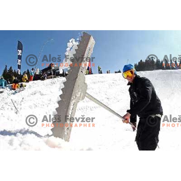 Shaper works during Snowboard FIS Europa Cup Big Air competition at Rogla Ski Resort, Slovenia on March 12, 2011 