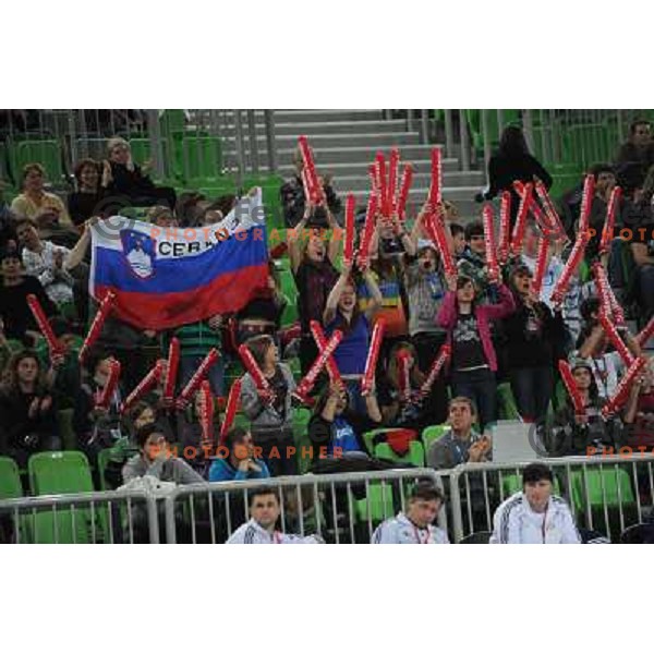 Krim Mercator fans in action at the handball game RK Krim Mercator Ljubljana - Oltchim Valcea, played in the Women\'s EHF Champions league main round, 19.03.2011 , Stozice Arena, Ljubljana, 