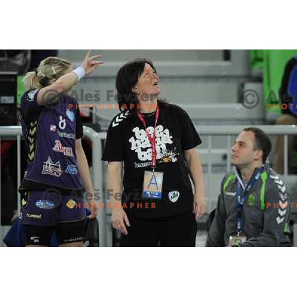Tamara Mavsar, Marta Bon in action at the handball game RK Krim Mercator Ljubljana - Oltchim Valcea, played in the Women\'s EHF Champions league main round, 19.03.2011 , Stozice Arena, Ljubljana, 