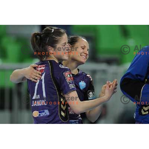 Alja Jankovic, Arianne Grosman in action at the handball game RK Krim Mercator Ljubljana - Oltchim Valcea, played in the Women\'s EHF Champions league main round, 19.03.2011 , Stozice Arena, Ljubljana, 