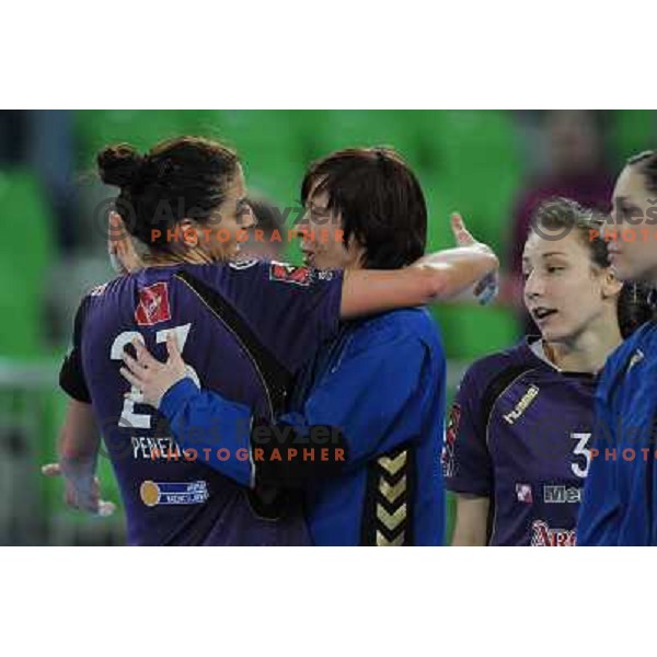 Andrea Penezic, Sergeja Stefanisin in action at the handball game RK Krim Mercator Ljubljana - Oltchim Valcea, played in the Women\'s EHF Champions league main round, 19.03.2011 , Stozice Arena, Ljubljana, 