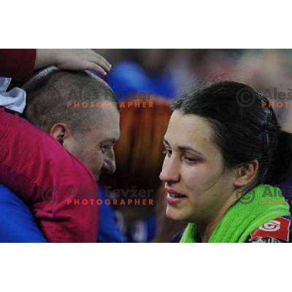 Andrea Lekic and Krim fans in action at the handball game RK Krim Mercator Ljubljana - Oltchim Valcea, played in the Women\'s EHF Champions league main round, 19.03.2011 , Stozice Arena, Ljubljana, 
