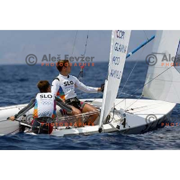Tomaz Copi and Mitja Glavina of Slovenia competing in 470 in sailing during summer Olympic games in Athens 2004, Greece 