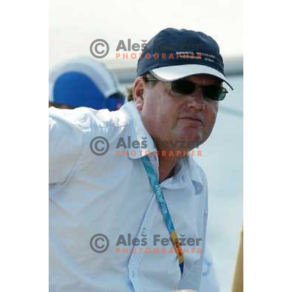 Coach of Vasilij Zbogar watches sailing during summer Olympic games in Athens 2004, Greece 