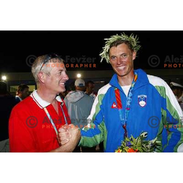 Jani Dvorsak and Vasilij Zbogar of Slovenia who won bronze Olympic medal in laser class in sailing during summer Olympic games in Athens on August 22,2004, Greece 