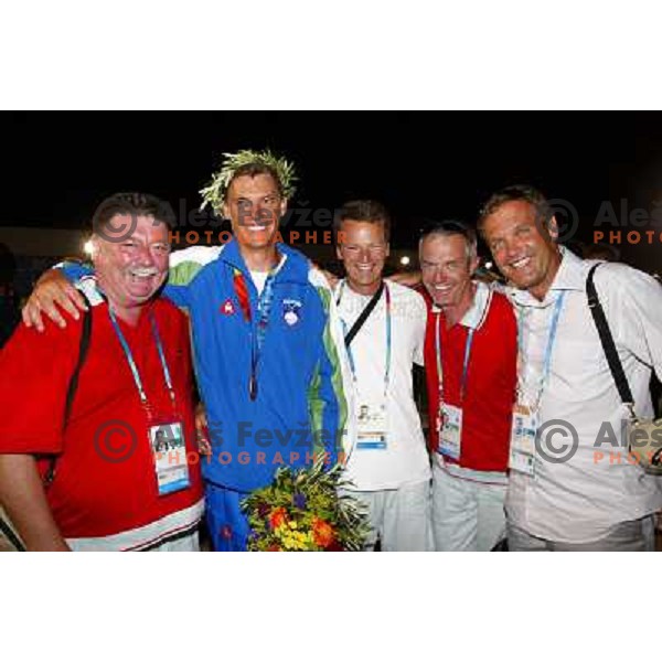 Marko Ilesic, Vasilij Zbogar of Slovenia with bronze Olympic medal in laser class in sailing, Tone Jagodic, Jani Dvorsak, Damjan Pintar during summer Olympic games in Athens on August 22,2004, Greece 