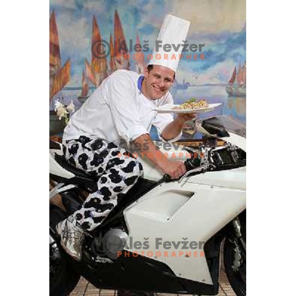 Tomaz Bevcic, young chef of Villa Andor restaurant and Casino in Ankaran, Slovenia makes classy dishes for his quests and enjoys riding his Ducati motor bike in his free time 