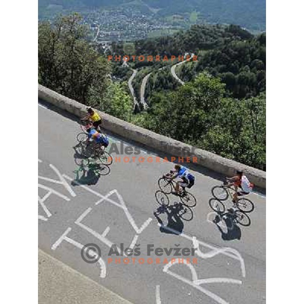 Bourg d\'Oisans (720 meters) - Alpe d\'Huez (1850), famous 14 km climb of Tour de France in French Alps on July 31, 2011 