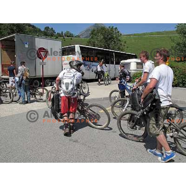 Loading of the free shuttle bus in Allemont which takes bikers to Oz Station gondola and to MTB park in Alpe d\'Huez ski resort, France on August 3, 2011 
