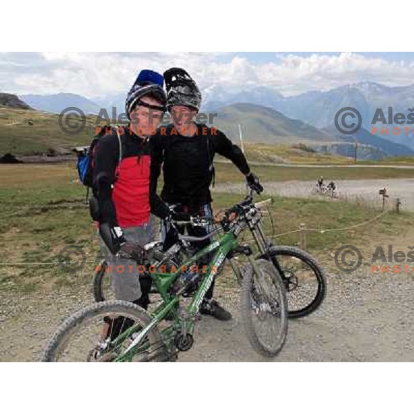 Ales Fevzer and Matjaz Macek before start of downhill run in MTB park in Alpe d\'Huez ski resort, France on August 3, 2011 