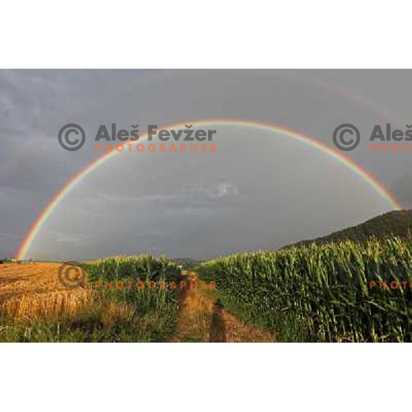 Rainbow over village of Zapoge near Vodice, Slovenia on July15,2011 
