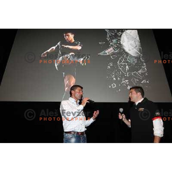 Saso Udovic and Urban Laurencic during presentation of Cristiano Ronaldo movie "Tested to the limit" sponsored by Castrol which was first time shown to Slovenian public in Kino Dvor, Ljubljana on October 25, 2011 