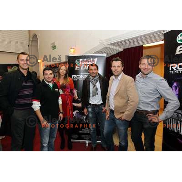 Saso Udovic, Urban Laurencic, Polona Runovc, Aleks Simcic during presentation of Cristiano Ronaldo movie "Tested to the limit" sponsored by Castrol which was first time shown to Slovenian public in Kino Dvor, Ljubljana on October 25, 2011 