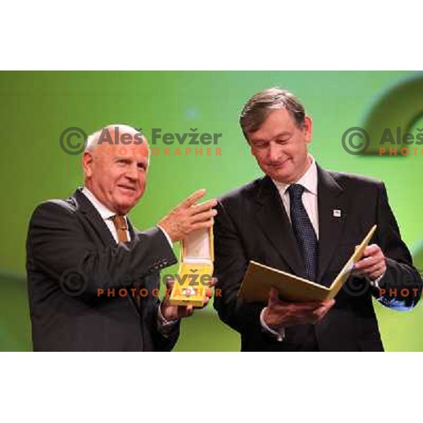 Janez Kocijancic, president of Olympic Commitee of Slovenia and Dr. Danilo Turk during 20th Anniversary in Grand Hotel Union, Ljubljana, Slovenia on October 12, 2011 