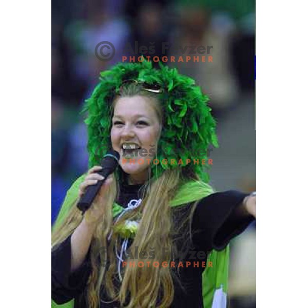 Viborg fan sings before first match of the EHF Women\'s Champions league 2000-2001 Final between AK Viborg (DEN) and Krim Neutro Roberts (SLO) played in Aarhus Arena, Denmark on May 5, 2001. Match ended draw 22:22