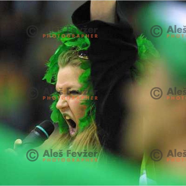 Viborg fan sings before first match of the EHF Women\'s Champions league 2000-2001 Final between AK Viborg (DEN) and Krim Neutro Roberts (SLO) played in Aarhus Arena, Denmark on May 5, 2001. Match ended draw 22:22