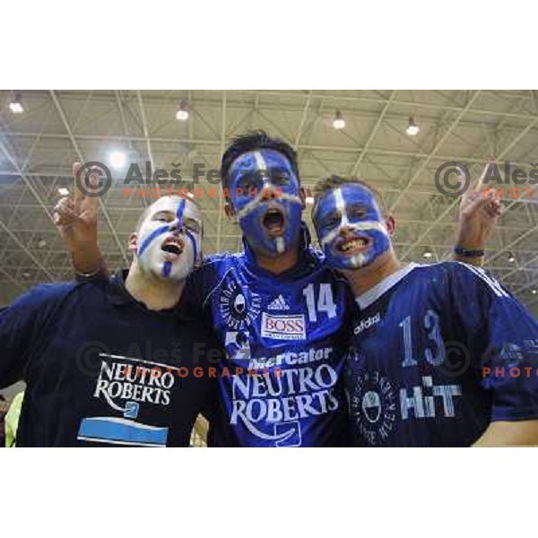 Fans of Krim Neutro Roberts in action during first match of the EHF Women\'s Champions league 2000-2001 Final between AK Viborg (DEN) and Krim Neutro Roberts (SLO) played in Aarhus Arena, Denmark on May 5, 2001. Match ended draw 22:22