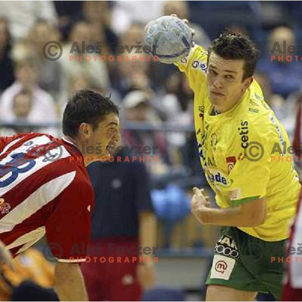 Pesic tries to stop Rutenka at EHF Championsleague match Celje Pivovarna Lasko- Crvena Zvezda in Zlatorog Hall, Celje 6.11.2004