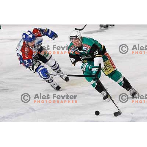 Chris D\'Alvise of Telemach Olimpija and Anthony Yelovich of KHL Medvescak Zagreb in action during Icefest 2013 open-air hockey match played on Joze Plecnik Bezigrad stadion in Ljubljana, Slovenia on January 6th, 2013 