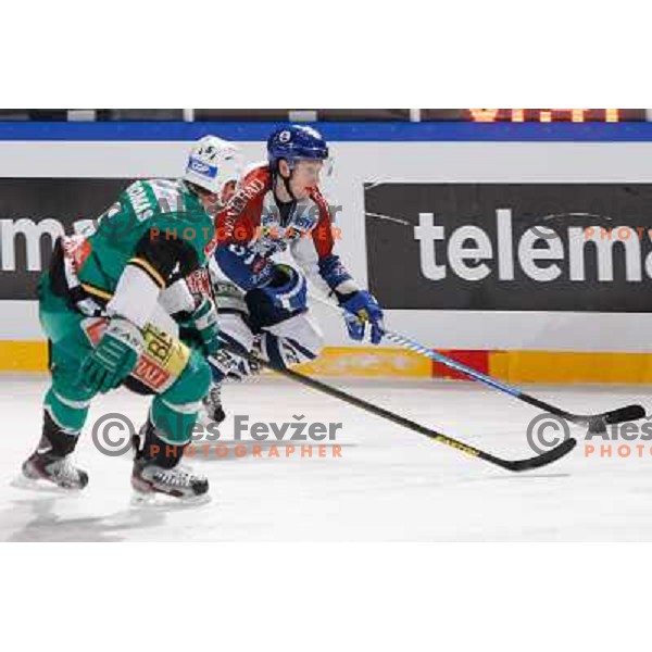 Andrew Thomas of Telemach Olimpija and Brandon Buck of KHL Medvescak Zagreb in action during Icefest 2013 open-air hockey match played on Joze Plecnik Bezigrad stadion in Ljubljana, Slovenia on January 6th, 2013 