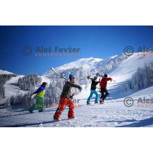 Fresh powder on Krvavec Ski resort ( 1450 meters - 1971 meters) with 30 km of groomed tracks in early spring, Cerklje na Gorenjskem on March 19 ,2013 