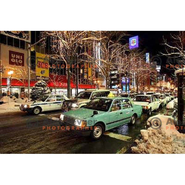 Taxis lined-up in front of the shopping mall in Sapporo, Japan
