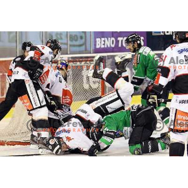 action during ice-hockey match Telemach Olimpija- TWK Innsbruck in round 13 of Ebel league 2013/2014, played in Hala Tivoli, Ljulbjana, Slovenia on October 19,2013 
