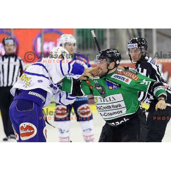 Curtis Fraser of VSV and Pascal Morency of Telemach Olimpija in action during ice-hockey match Telemach Olimpija- VSV in round 14 of Ebel league 2013/2014, played in Hala Tivoli, Ljulbjana, Slovenia on October 20,2013 