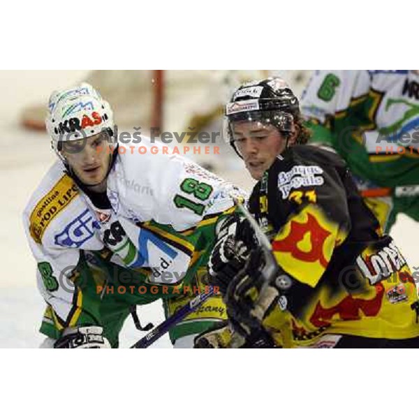 Silverthorn (18) and Mare Kumar (66) during third game of the Ice-Hockey Finals of Slovenian National Championship between ZM Olimpija-Banque Royale Slavija. ZM Olimpija won the game 6:1 and leads the series 2:1