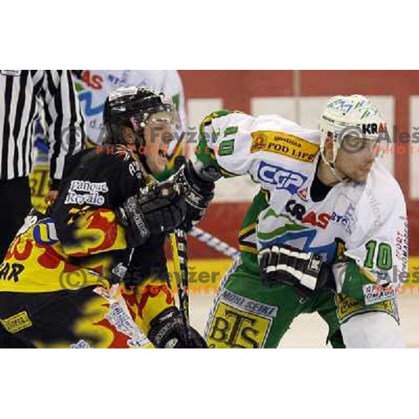 Avgustincic and Sivic (10) during third game of the Ice-Hockey Finals of Slovenian National Championship between ZM Olimpija-Banque Royale Slavija. ZM Olimpija won the game 6:1 and leads the series 2:1