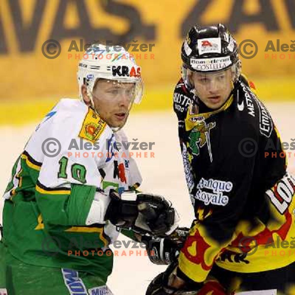 Sivic (10) and Kontrec during third game of the Ice-Hockey Finals of Slovenian National Championship between ZM Olimpija-Banque Royale Slavija. ZM Olimpija won the game 6:1 and leads the series 2:1