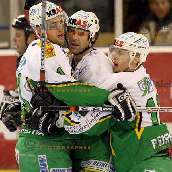 Slak, Ciglenecki, Sivic (left to right) celebrate goal during third game of the Ice-Hockey Finals of Slovenian National Championship between ZM Olimpija-Banque Royale Slavija. ZM Olimpija won the game 6:1 and leads the series 2:1