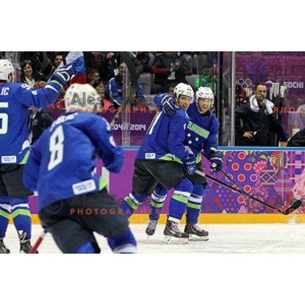 Anze Kopitar, Rok Ticar of Slovenia in action during Preliminary round match Slovakia-Slovenia at Bolshoy Ice Dome, Sochi 2014 Winter Olympic games, Russia on February 15, 2014