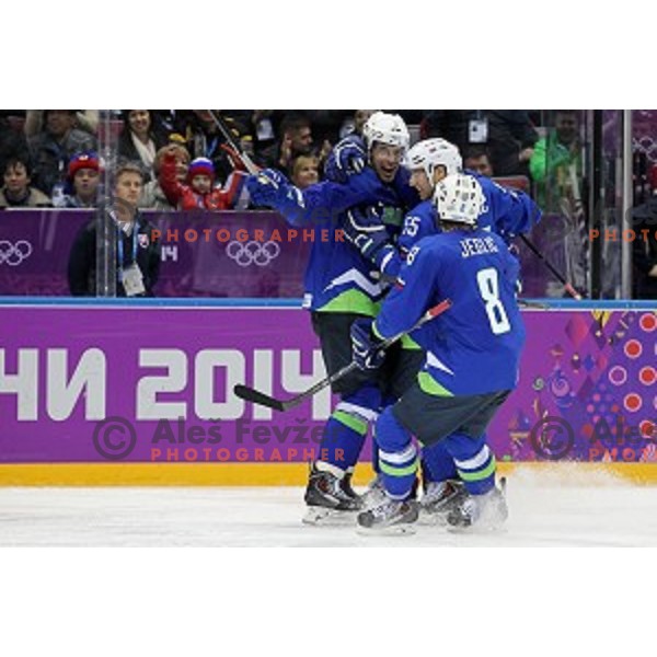 Anze Kopitar, Robert Sabolic of Slovenia in action during Preliminary round match Slovakia-Slovenia at Bolshoy Ice Dome, Sochi 2014 Winter Olympic games, Russia on February 15, 2014