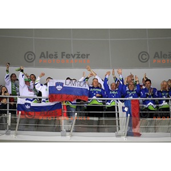 Fans of Slovenia in action during Preliminary round match Slovakia-Slovenia at Bolshoy Ice Dome, Sochi 2014 Winter Olympic games, Russia on February 15, 2014