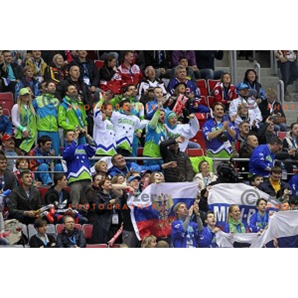 Fans of Slovenia in action during Preliminary round match Slovakia-Slovenia at Bolshoy Ice Dome, Sochi 2014 Winter Olympic games, Russia on February 15, 2014