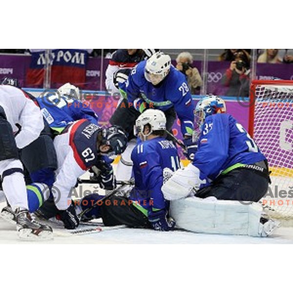 Anze Kopitar, Robert Kristan, Ales Kranjc of Slovenia in action during Preliminary round match Slovakia-Slovenia at Bolshoy Ice Dome, Sochi 2014 Winter Olympic games, Russia on February 15, 2014