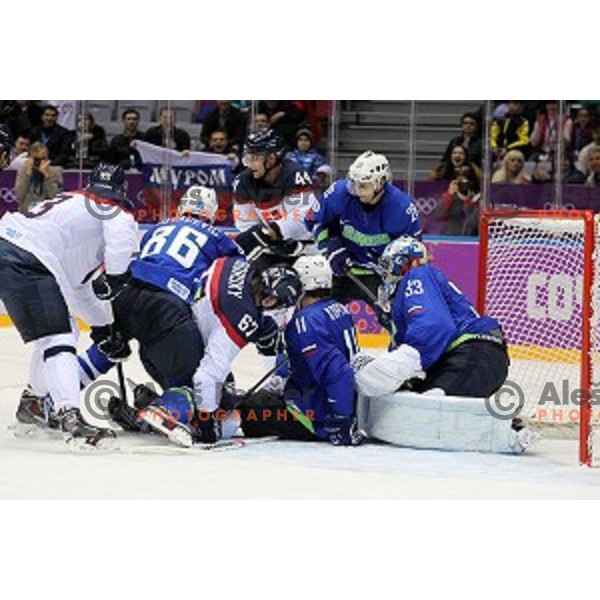 Anze Kopitar, Robert Kristan, Ales Kranjc of Slovenia in action during Preliminary round match Slovakia-Slovenia at Bolshoy Ice Dome, Sochi 2014 Winter Olympic games, Russia on February 15, 2014