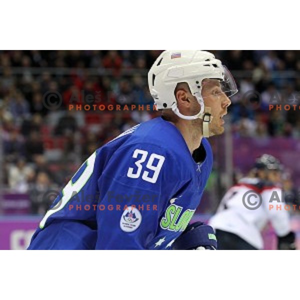Jan Mursak of Slovenia in action during Preliminary round match Slovakia-Slovenia in Bolshoy Ice Dome, Sochi 2014 Winter Olympic games, Russia on February 15, 2014