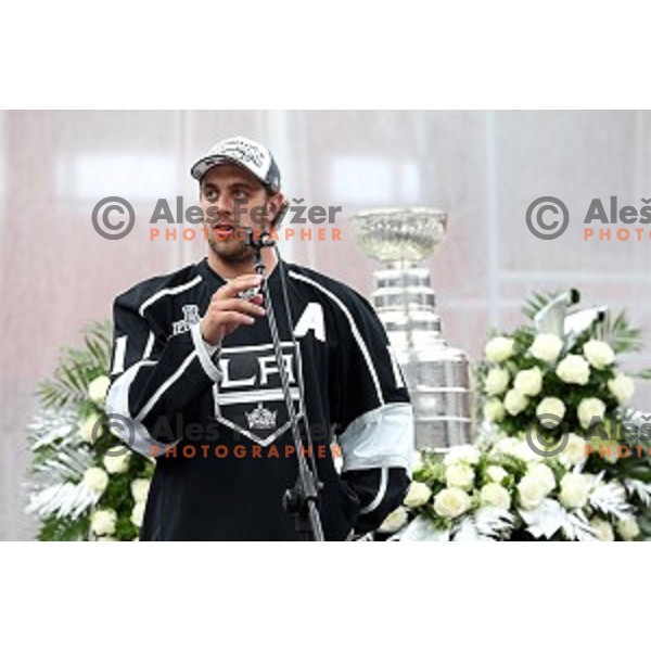 NHL star Anze Kopitar of LA Kings at presentation of Stanley Cup to slovenian fans in Podmezakla Hall, Jesenice on July 13, 2014