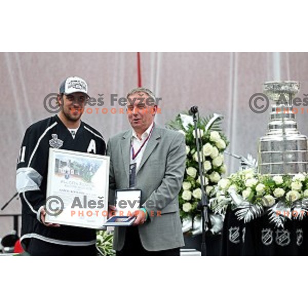 NHL star Anze Kopitar of LA Kings at presentation of Stanley Cup to slovenian fans in Podmezakla Hall, Jesenice on July 13, 2014