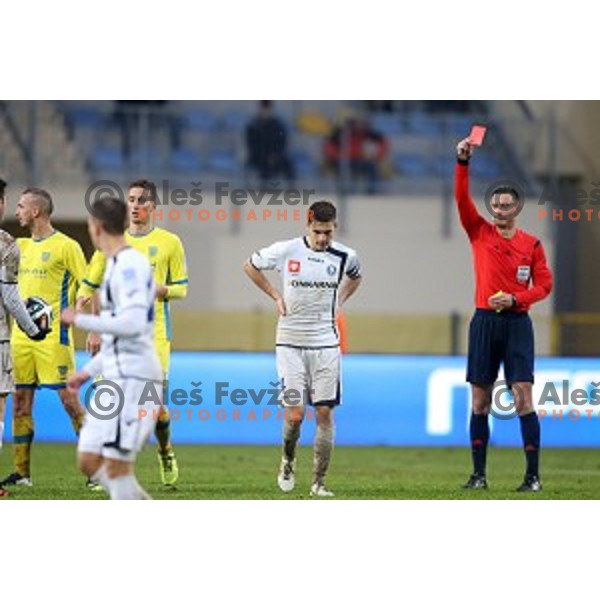 Blaz Vrhovec of Celje receives red card during football match Domzale-Celje in round 20 of Prva liga Telekom Slovenije, played in Domzale Sports Park, Slovenia on December 6,2014