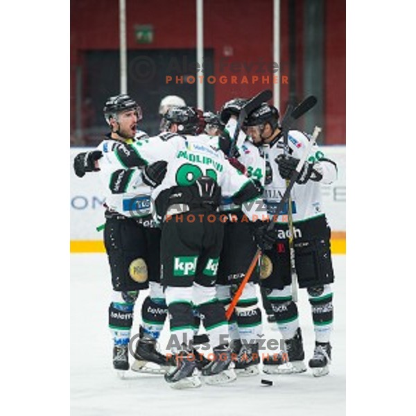 Team HDD Telemach Olimpija in action during ice hockey final match of Slovenian National League in Season 2014/15 between HDD SIJ Acroni Jesenice and HDD Telemach Olimpija, played in Podmezakla Hall, Jesenice, Slovenia, on April 15th, 2015.