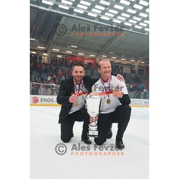 Miha Zbontar and Nik Zupancic of HDD SIJ Acroni Jesenice celebrates victory after ice hockey final match of Slovenian National League in Season 2014/15 between HDD SIJ Acroni Jesenice and HDD Telemach Olimpija, played in Podmezakla Hall, Jesenice, Slovenia, on April 15th, 2015.