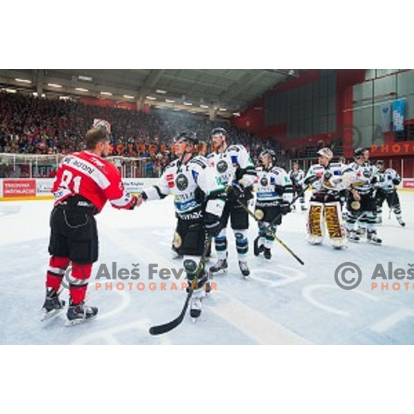 Team HDD SIJ Acroni Jesenice and HDD Telemach Olimpija after ice hockey final match of Slovenian National League in Season 2014/15 between HDD SIJ Acroni Jesenice and HDD Telemach Olimpija, played in Podmezakla Hall, Jesenice, Slovenia, on April 15th, 2015.