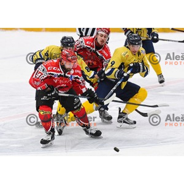 action during semi-final of Slovenian Championship ice-hockey match between SIJ Acroni Jesenice and ECE Celje in Podmezakla Hall, Jesenice, Slovenia on March 25, 2016