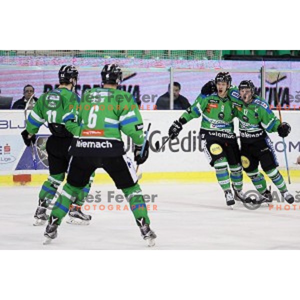 Miha Logar and Nik Pem in action during ice-hockey match Telemach Olimpija - SIJ Acroni Jesenice in the Final of Slovenian Championship, Tivoli Hall, Ljubljana, Slovenia on March 28, 2016