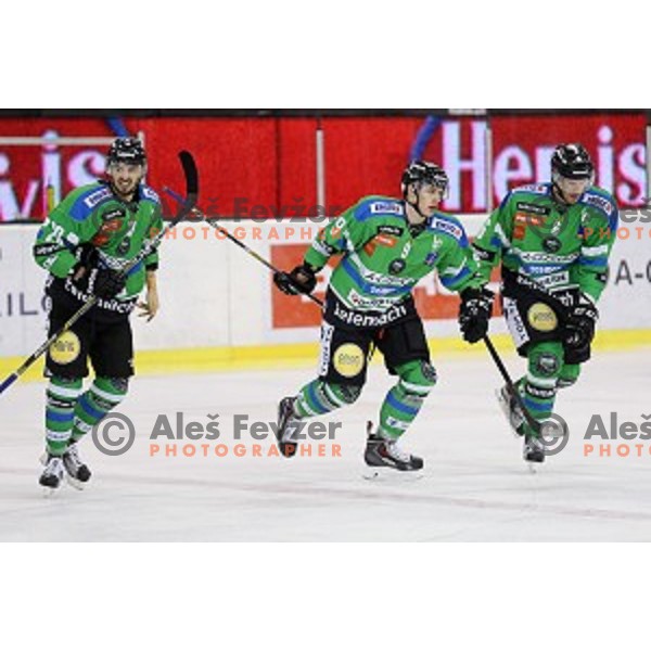 Koblar, Pem and Groznik in action during ice-hockey match Telemach Olimpija - SIJ Acroni Jesenice in the Final of Slovenian Championship, Tivoli Hall, Ljubljana, Slovenia on March 28, 2016