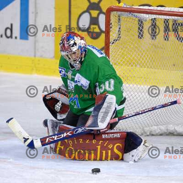 Alex Westlund defends the goal at the first game of EBEL , ZM Olimpija : KAC 