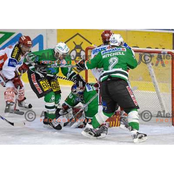 Alex Westlund defends the goal at the first game of EBEL , ZM Olimpija : KAC 